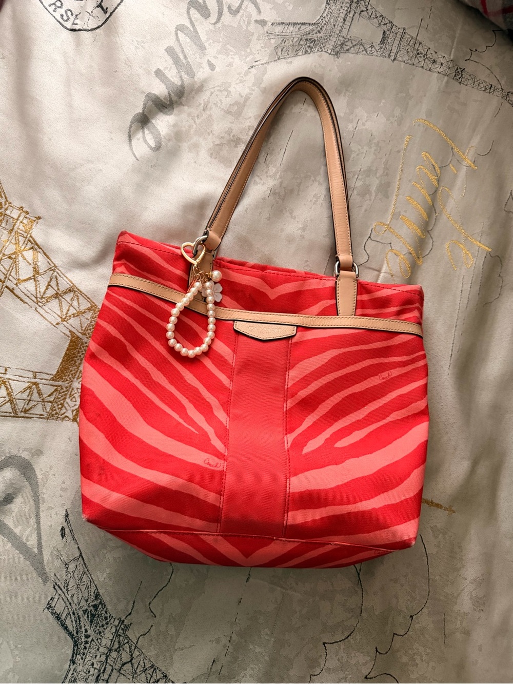 Coach Red Zebra-Print Tote with Tan Leather Handles
